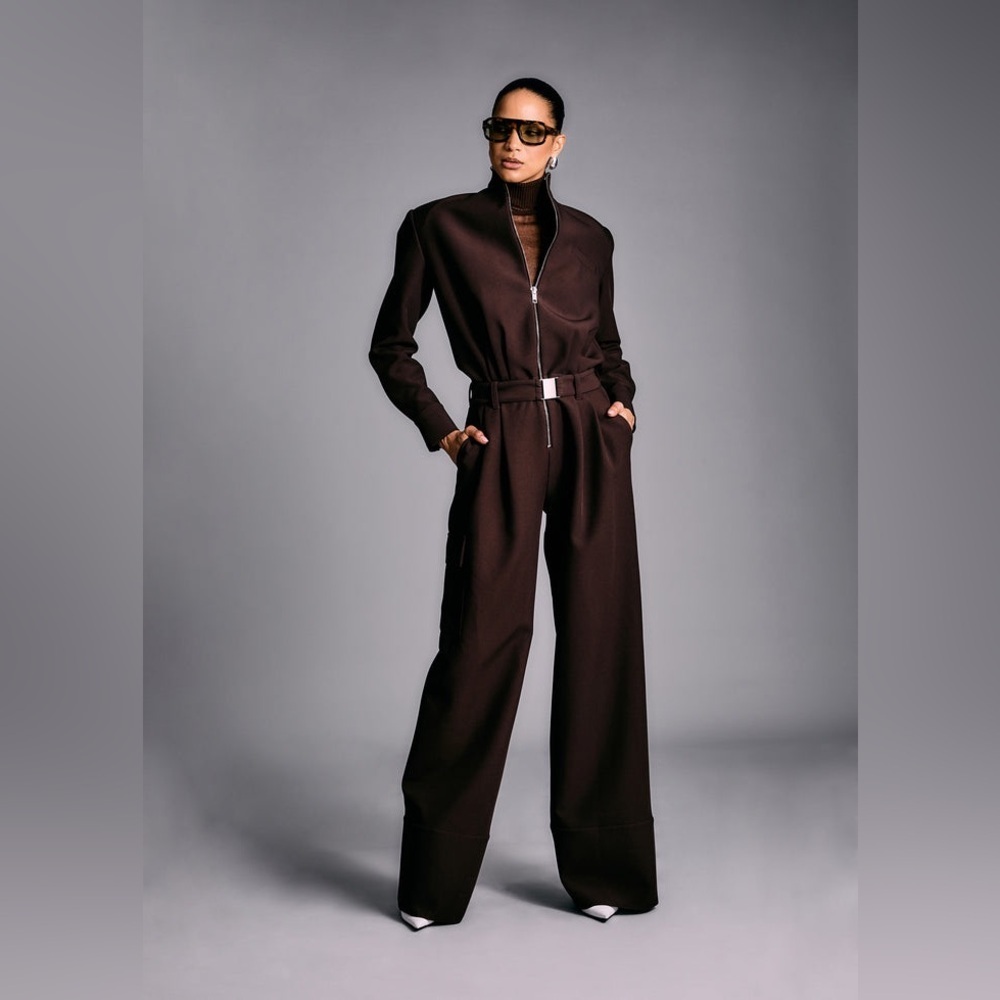SER.O.YA Vera Crepe Jumpsuit Brown XXL NWT High-End Wide-Leg Zip Front